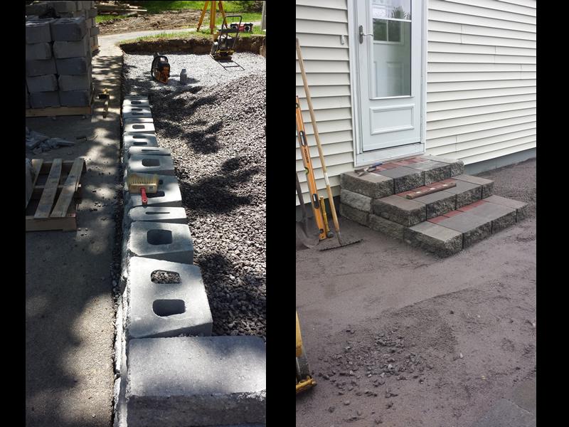 After removing old patio, the area was dug sown and a layer of gravel was added and over the top a layer of Polymeric sand and then the steps were placed.